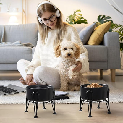 Elevated Dog Bowls, Ceramic Raised Dog Bowl Set with Anti-Slip and Non-Tip Metal Stand, 2 Pack Pet Food and Water Feeding Bowls for Small and Medium Dogs (Black,3.6 Cups)