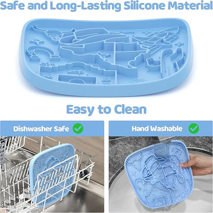 Puzzle Feeder Snuffle Mat and Lick Mat for Dogs,Texas Textured Slow Feeder, 0.75 Inch Thin Silicone Mat Holds 3 Cups, Dishwasher and Microwave Safe, Blue