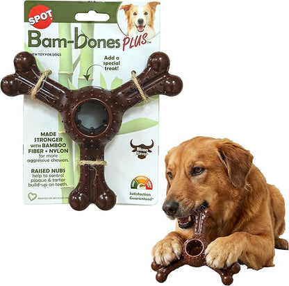 SPOT Bam-Bones Plus Triple Chew - Bamboo Fiber & Nylon, Durable Long Lasting Dog Toy for Aggressive Chewers – Great for Adult Dogs & Teething Puppies Under 90lbs, Non-Splintering, 7in, Bison Flavor