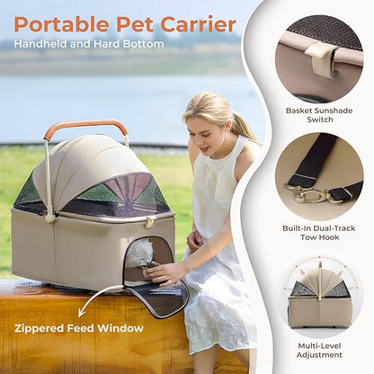 Dog Cat Stroller for Small/Medium Pets up to 55 Lbs, 3-in-1 Foldable Pet Stroller with Detachable Carrier, 4 Wheels, Adjustable Height, Single Foot Brake, Pet Strollers for Travel Outdoor (Khaki