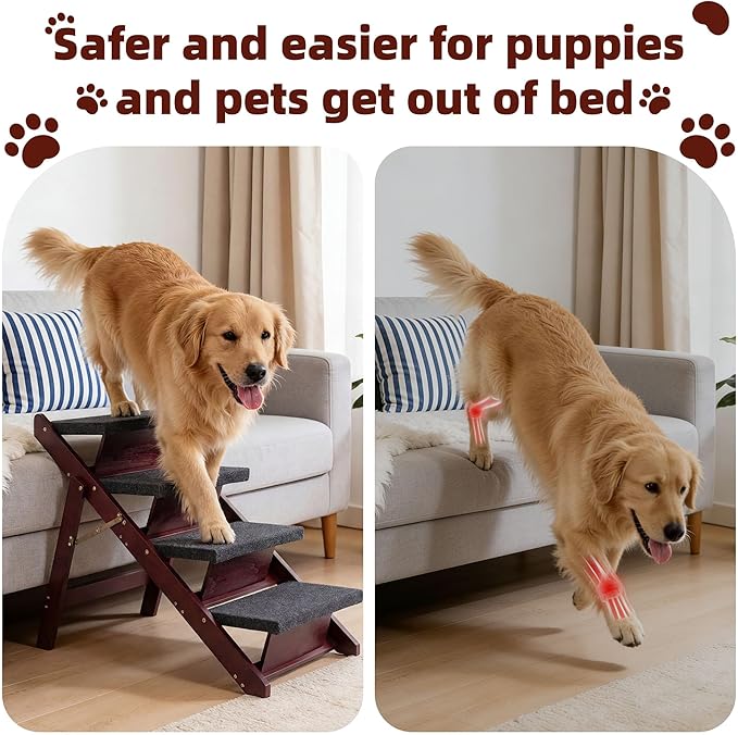 MEWANG Wooden Pet Stairs/Pet Steps - 3-in-1 Foldable Stairs & Ramp for Tall Beds and Cars - Portable Dog/Cat Ladder Up to 220 Pounds - for Small and Older Animals(Brown) (31.5" L x 17.2" W x 25.0" H)