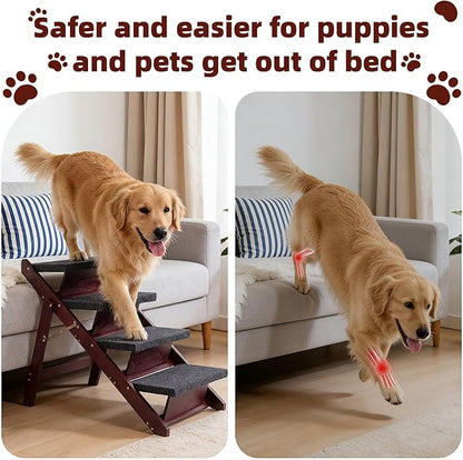 MEWANG Wooden Pet Stairs/Pet Steps - 3-in-1 Foldable Stairs & Ramp for Tall Beds and Cars - Portable Dog/Cat Ladder Up to 220 Pounds - for Small and Older Animals(Brown) (31.5" L x 17.2" W x 25.0" H)