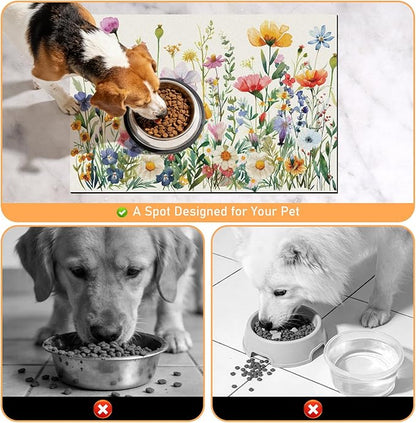 Dog Cat Food Mat - Absorbent Anti Slip Dog Bowl Mats for Food and Water, Quick Dry Cat Feeding Matts for Floors, Diatomite Pet Dish Placemat Accessories Supplies, Wildflower Style, 16 * 24in