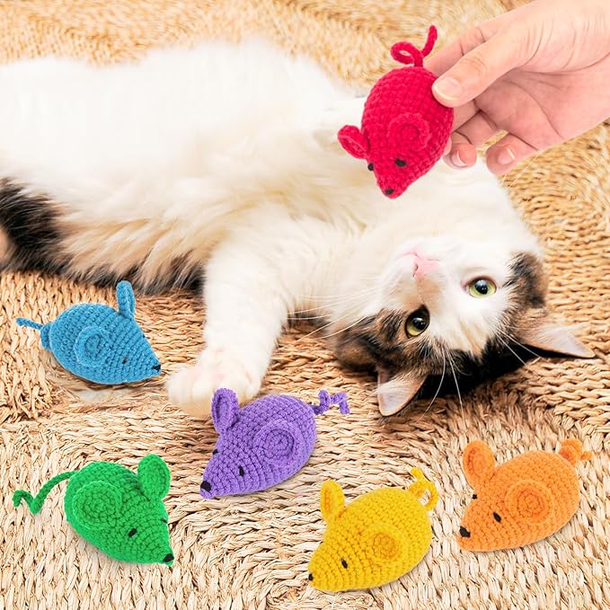 Retro Shaw Catnip Toys Crochet Mouse 6 Pcs - 100% Natural Catnip & Silvervine Blend Yarn Cat Nip Mice, Durable Hand-Knitted Teething Chew Toy for Indoor Cats & Kittens, Interactive Play & Dental Care
