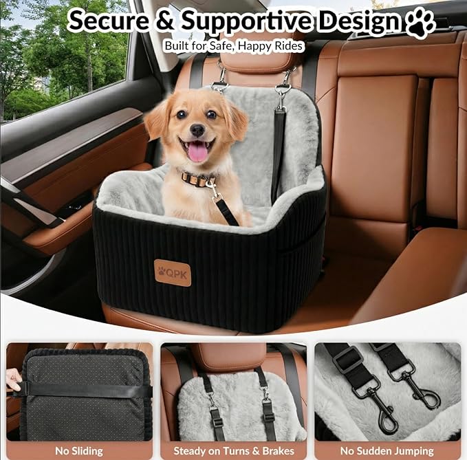 Dog Booster Car Seat for Small & Medium Dogs Up to 35 lbs, 6" Elevated Pet Car Seat with Safety Leash, Soft Plush Cushion, Non-Slip Bottom, Fits Front & Back Seat, Washable Cover