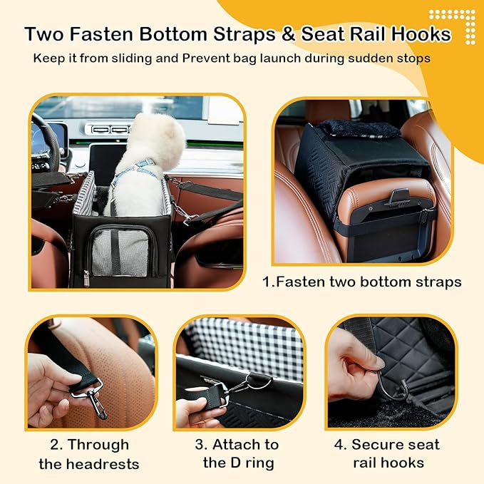 Console Dog Car Seat for Small Dogs Cats Up to 12lbs, Anti-Collapse Pet Armrest Booster Seat with Soft Pillow,Non-Slip Seat Rails Hooks & Safety Belt, Portable Car Accessories for Pets Travel