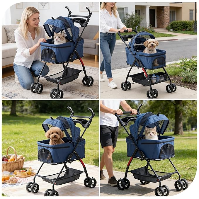 4 Wheels Blue Foldable Pet Stroller with Storage Basket, Cup Holder & Breathable Mesh for Small/Medium Dogs and Cats