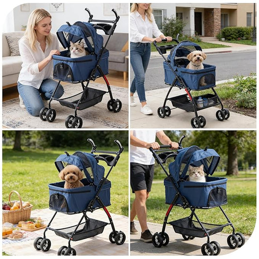 4 Wheels Blue Foldable Pet Stroller with Storage Basket, Cup Holder & Breathable Mesh for Small/Medium Dogs and Cats