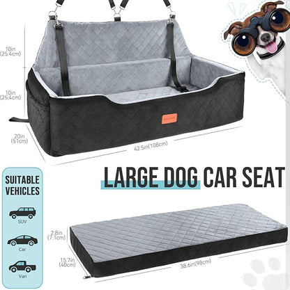 HEGGCOOE Large Dog Car Seat Under 100 lbs, Washable Dog Car Bed for 2 Medium Dogs, Detachable Pet Booster Seat with Storage Pocket and Seat Belt for Back Seat Dog Travel Bed