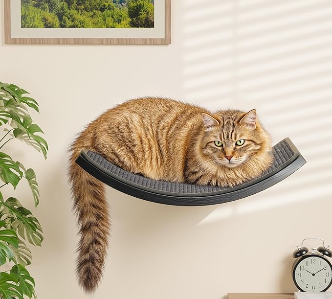 Gray Cat Wall Shelf with Grey Sisal Mat, Curved Cat Bed for Scratching and Resting, Wall Mounted Hammock for Large Cats