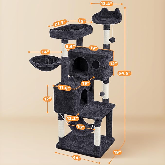 Yaheetech Multil-Level Cat Tree Cat House for Large Cats, 64.5in Cat Tower for Indoor Cats as Modern Activity Center with Scratching Posts & Platform & Perch & Hammock