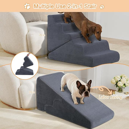 Dog Ramp for Bed, Extra Wide 20" Width Dog Stairs for High Bed, 2 in 1 Pet Steps for Small Dogs, 4-Step Foldable Transformable Large Cats Ramp to Get on Couch, Non-Slip Balanced, Grey