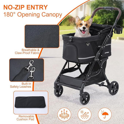 NO-Zip Pet Stroller for Small Dogs & Cats, Lightweight Dog Stroller with Reflective Safety Strips, One-Hand Fold, Claw-Proof Mesh, Breathable Travel Carriage, 33lbs Capacity, Black