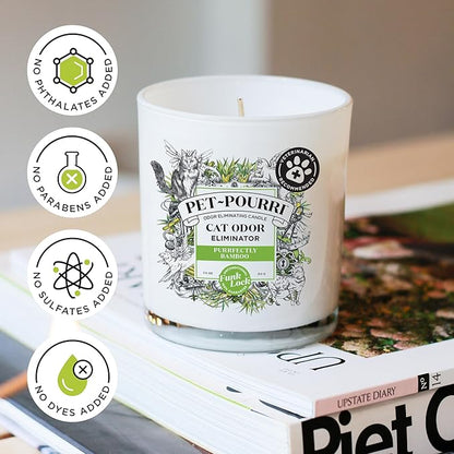 Pet-Pourri Purrfectly Bamboo Cat Deodorizer Candle – Cat Safe Plant Based Ingredients & Wax – Vet Approved – Aromatherapy & Air Freshener for Kitty Odor – Scented with Bamboo, Jasmine & Pear