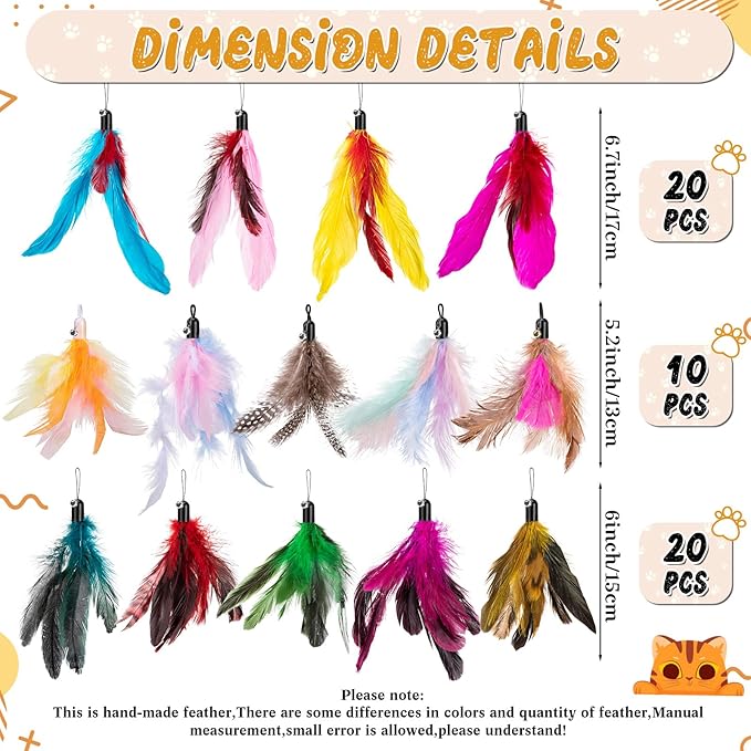Leitee 50 Pcs Cat Feather Toys Bulk Refills Cat Wand Replacement Feathers Toy Interactive for Indoor Cats Kitten Worm Toy for Cats (Vibrant Color,Classic Style)