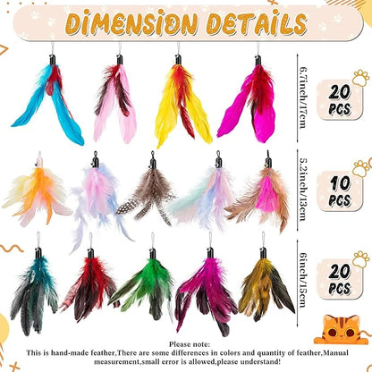 Leitee 50 Pcs Cat Feather Toys Bulk Refills Cat Wand Replacement Feathers Toy Interactive for Indoor Cats Kitten Worm Toy for Cats (Vibrant Color,Classic Style)