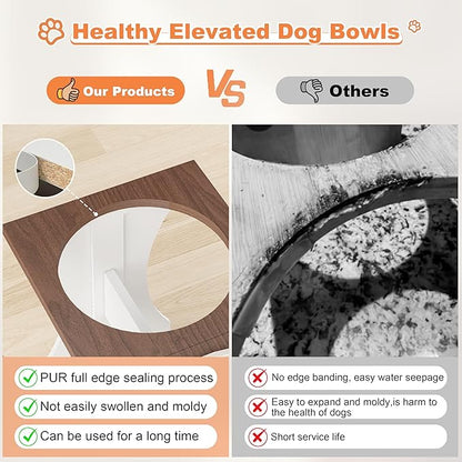 Piskyet Elevated Dog Bowls,Farmhouse Dog Bowls Stand, Raised Dog Bowl with 2 Stainless Steel Wooden Dog Bowl 12 Cups 15.7''H 90 OZ Bowl-Farmhouse Style