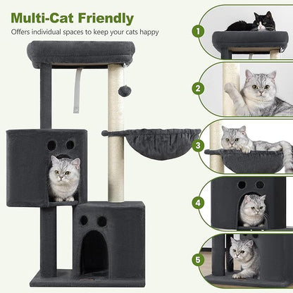 Small Cat Tree Tower for Indoor Cats, 40 In Medium Multi-Level Compact Cat House Bed with 2 Condos, Large Platform Perch, Sisal Scratching Post, Hammock, Cat Climbing Stand for Kitty kitten(Dark Grey)