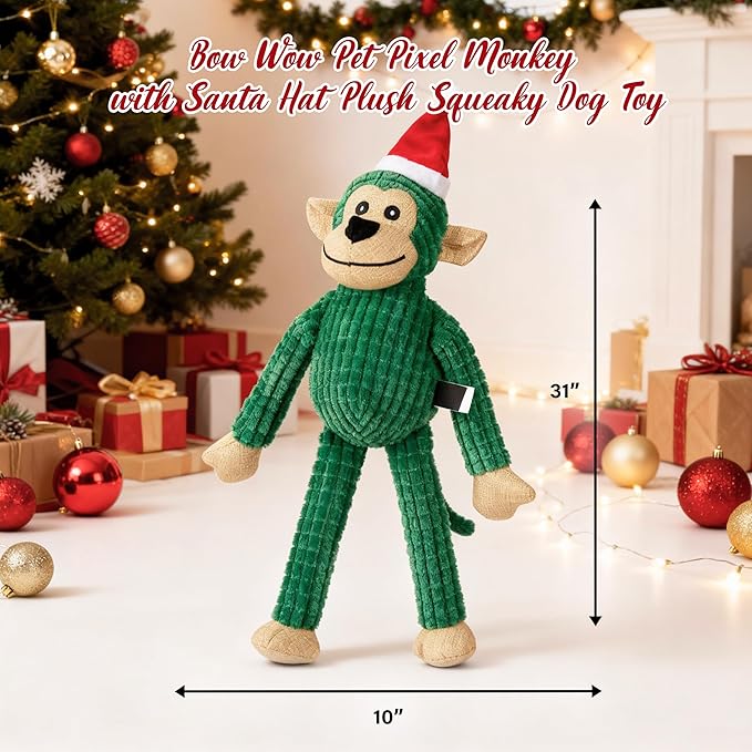 Bow Wow Pet Pixel Monkey with Santa Hat Plush Squeaky Dog Toy