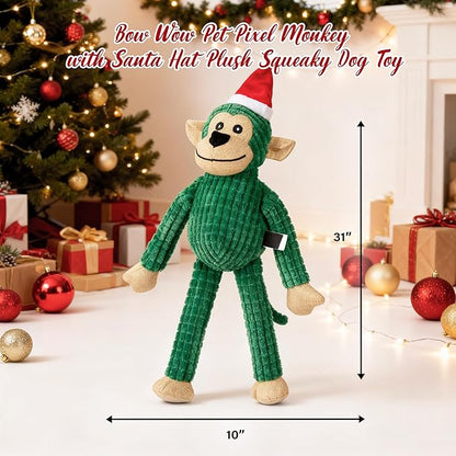 Bow Wow Pet Pixel Monkey with Santa Hat Plush Squeaky Dog Toy