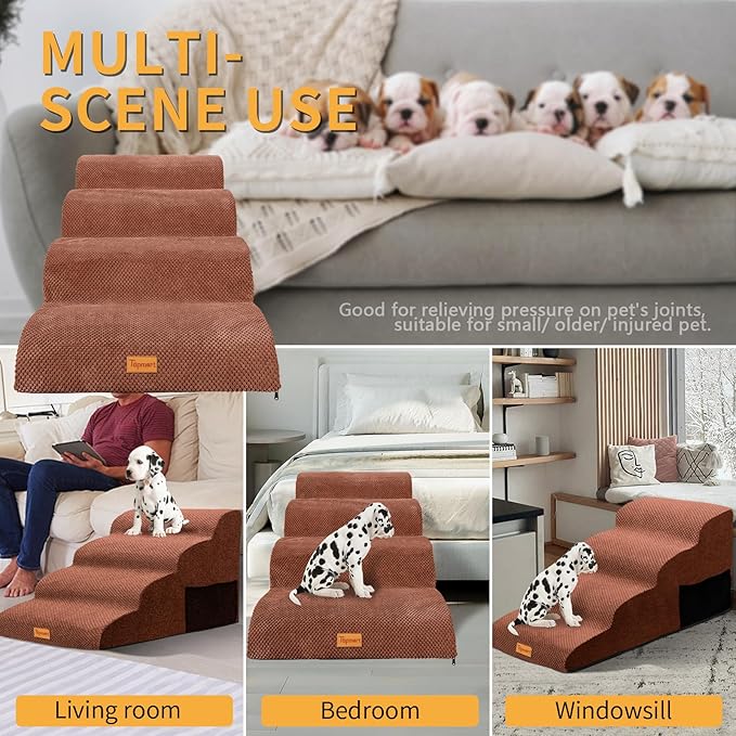 Topmart Wider High Density Foam Dog Steps 4 Tiers,Extra Wide Deep Pet Steps,Non-Slip Pet Stairs with Waterproof Cover,Soft Foam Dog Ladder,Best for Older, Injured, Pets,Cats