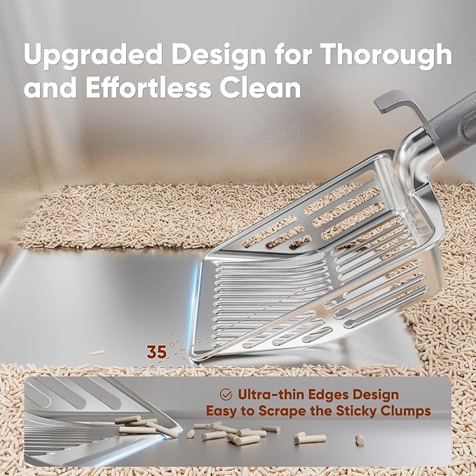 Metal Cat Litter Scoop, Large Cat Scooper with Deep Shovel & Dual Sifting Holes for Fast & Precise Sifting, Space Aluminum Kitty Litter Scooper with Long Handle & Easy-to-Hang Hook - Grey