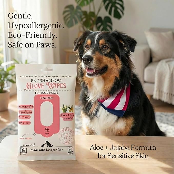 KIL Pet Shampoo Glove Wipes for Dogs & Cats - Hypoallergenic Bath Gloves with Aloe & Jojoba - No Rinse Needed - Deodorizing & Grooming - 6ct Travel Pack