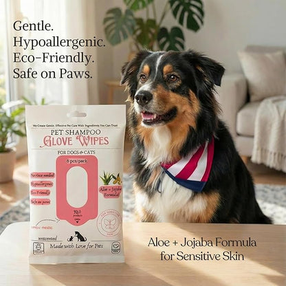 KIL Pet Shampoo Glove Wipes for Dogs & Cats - Hypoallergenic Bath Gloves with Aloe & Jojoba - No Rinse Needed - Deodorizing & Grooming - 6ct Travel Pack