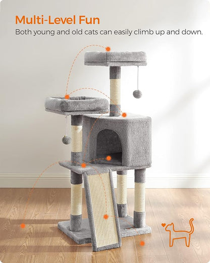 Feandrea Cat Tree, 45.3-Inch Cat Tower, Plush Condo with Scratching Post, Ramp, Perch, Spacious Cave, for Small Space, Light Gray UPCT141W01