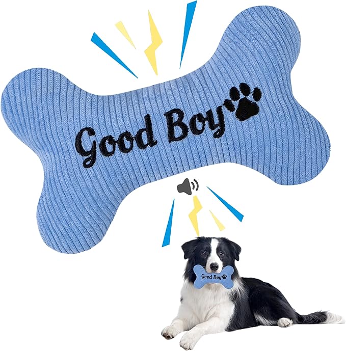 2026 Squeaky Dog Toys, Embroidered Bone Shape Blue Corduroy Pet Pillow 8"x5", Soft Cotton Filled Cute Fun Plush Dog Chew Puzzle Toy Birthday for Small Medium Dogs(Good Boy)