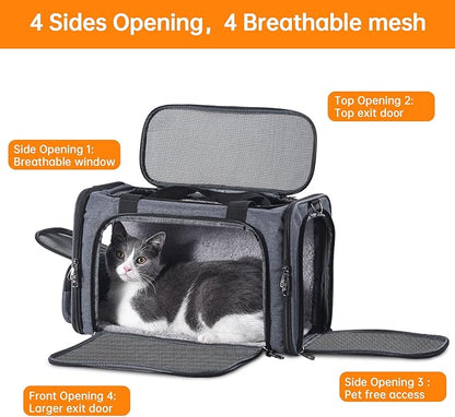 Cat Carrier Pet Travel Carrier by Airplane Approved Under seat, TSA Airline Approved Soft-Sided Dogs Carrier Bag for cat,Dogs,17.5 x 8.5 x 11 inches,Grey