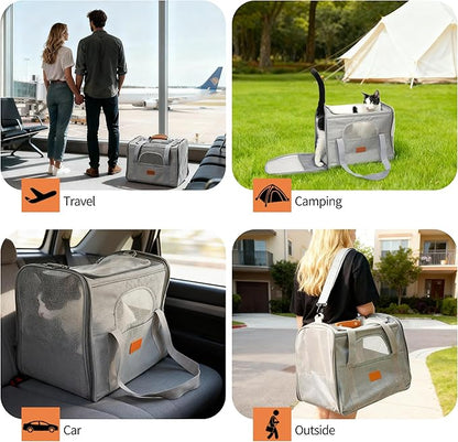 Expandable Pet Carrier for Cats and Small Dogs, Soft-Sided Travel Dog Carrier with Fleece Cushion, Breathable Mesh Windows and Shoulder Strap for Car, Outdoor and Daily Use, Grey