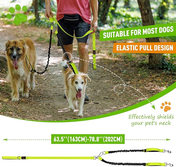 LED Double Dog Leash, 360° Swivel Dual Dog Walking Leash, Comfortable Shock Absorbing Lead for Dog, Reflective Removable Bungee for Two Dogs
