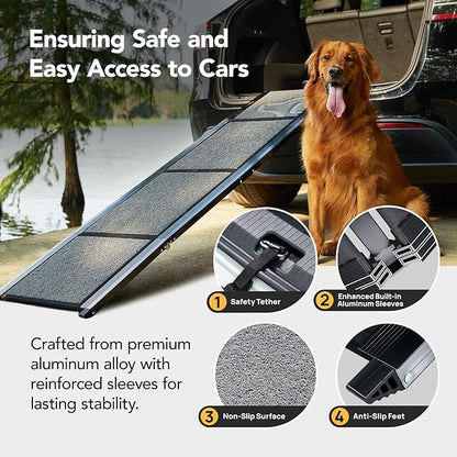 PetThem Dog Ramp for Car 71'' X-Long & 17.2" Wide Folding Dog Ramps for Large Dogs with Non-Slip Rug Surface Portable Dog Car Ramp for SUV Car & Truck, Outdoor Dog Ramp Up to 250 LBS