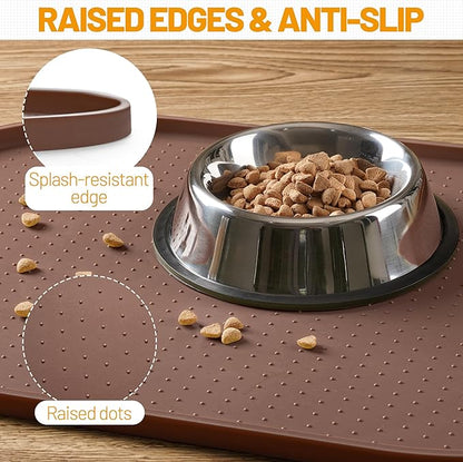 Hubulk 100% Waterproof Silicone Pet Feeding Mat with Raised Edge for Food and Water, Dog Bowl Mats, Cat Bowls Placemat with High Lip Protects Floor for Cats and Dogs (Brown, 32" L x 24" W)