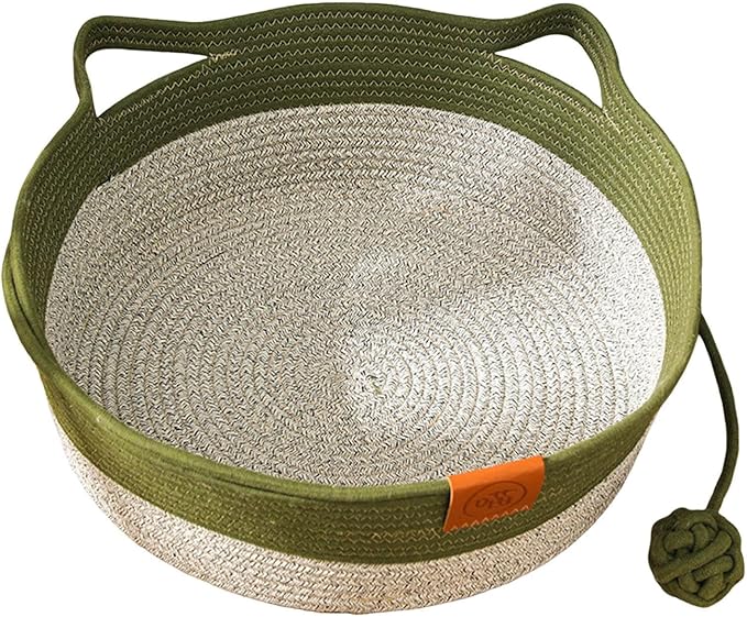 Handwoven Cat Basket with Toy Rope Ball, Foldable Scratchable Cat Hammock Bed, Breathable Cat Basket for Indoor Play Rest Sleeping (Green)