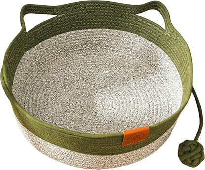Handwoven Cat Basket with Toy Rope Ball, Foldable Scratchable Cat Hammock Bed, Breathable Cat Basket for Indoor Play Rest Sleeping (Green)