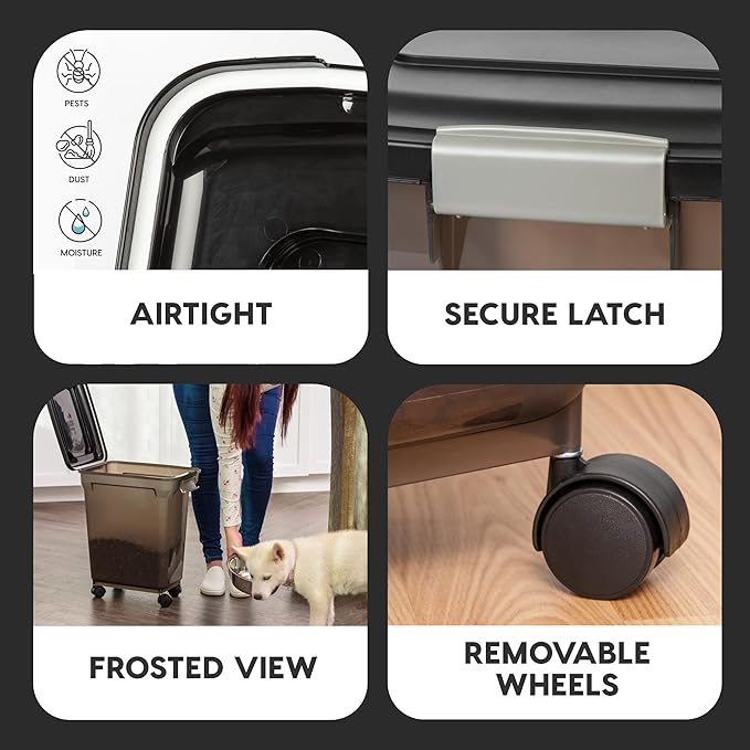 IRIS USA Dog Food Storage Container 22 lbs, WeatherPro Made in USA, Airtight Pet Food Storage Bin with Wheels for Dog Cat Bird Chicken Food, Holds Up to 22 lbs, Keep Fresh, BPA Free, Smoke