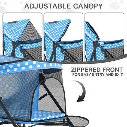 MoNiBloom 4 Wheels Pet Stroller, Easy-Fold Umbrella Shaped Dog Cat Jogger Stroller w/Storage Bag & Visible Mesh for Small/Medium Dogs Cats Sky Blue Polka Dots