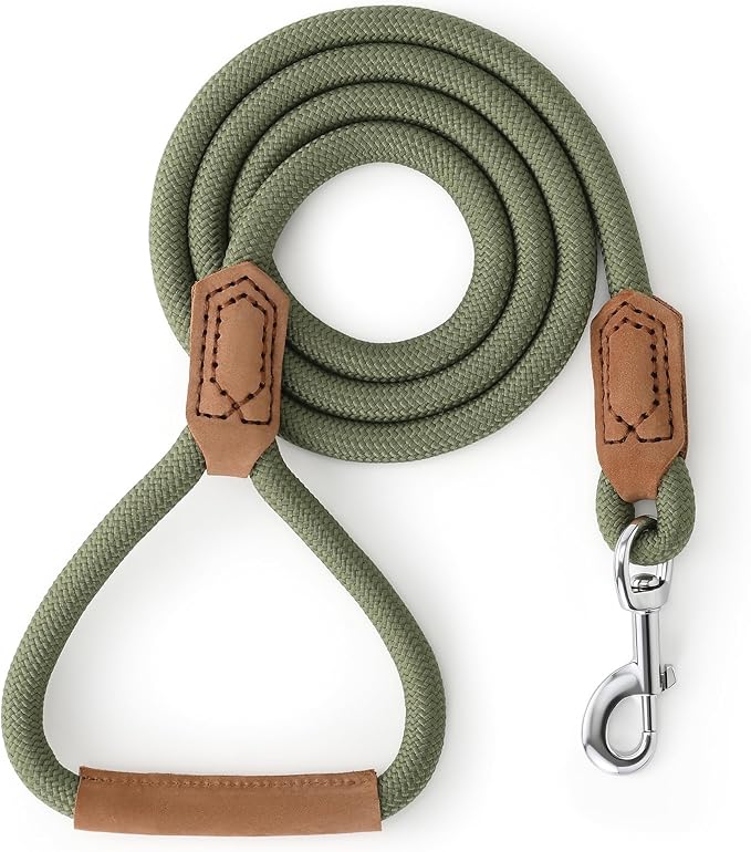 Mile High Life Leather Dog Leash, Heavy Duty Strong Genuine Leather Handle Rope Leash Soft and Comfortable for Small Medium Large Dogs (Olive Green, 48 Inch)