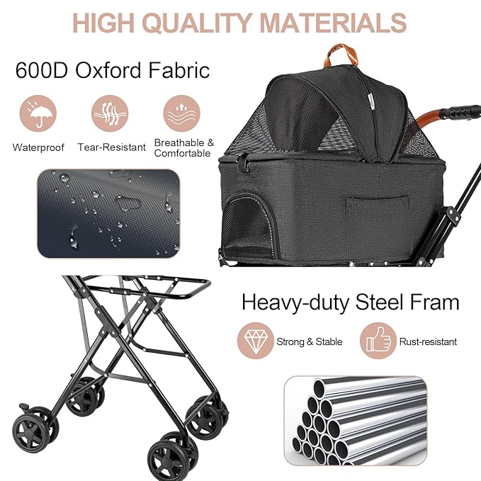 Double Pet Stroller with Detachable Carrier for Medium Small Dogs and Cats, Lightweight Dog Stroller Travel Carriage with No-Zip Canopy Storage Basket One-Click Folding and One-Foot Brake