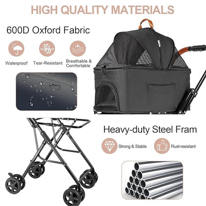Double Pet Stroller with Detachable Carrier for Medium Small Dogs and Cats, Lightweight Dog Stroller Travel Carriage with No-Zip Canopy Storage Basket One-Click Folding and One-Foot Brake