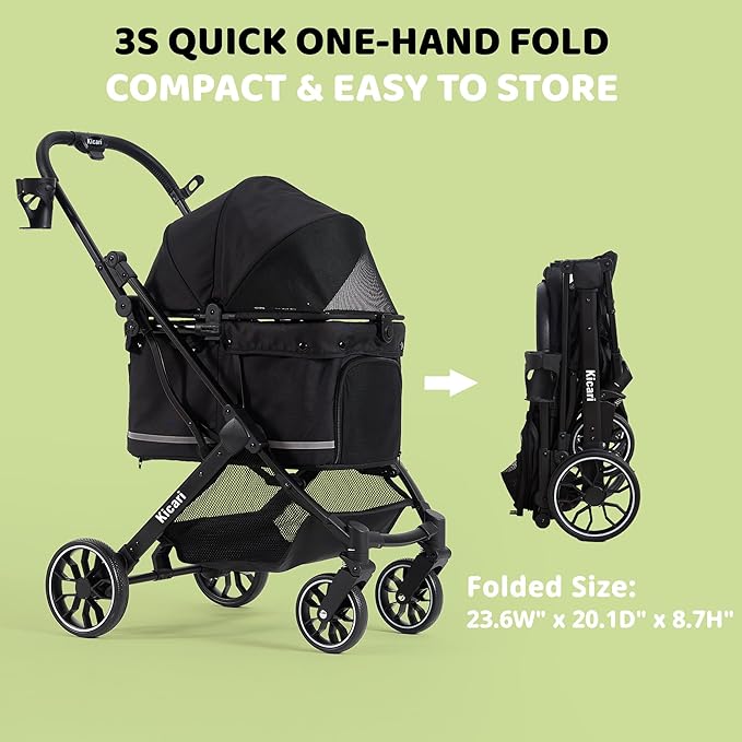 All-Terrain Dog Stroller for Small to Medium Dogs, Pet Stroller for Dogs & Cats Outdoor Walks, One-Hand Easy Fold, Double-Layer Anti-UV & Waterproof Canopy & Breathable Mesh, Samurai Black