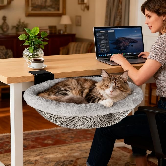 L&W BROS.Cat Desk Bed – Supports Up to 50 lbs, 18"x18"Removable Machine-Washable Plush Cover, Comfortable Cat Perch for Indoor, Space-Saving Foldable Design Cat Bed for Gaming Desks, Home Office