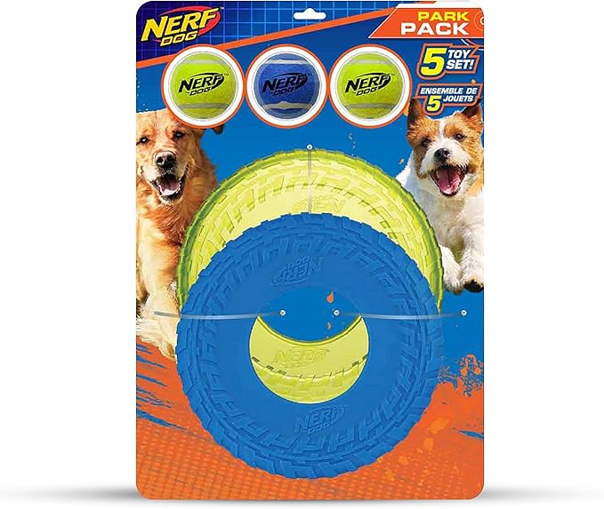 Nerf Dog Toy Gift Set, 5-Piece Set of Outdoor Dog Toys for Fetch, Includes 3 Squeak Tennis Balls and 2 Tire Flyers
