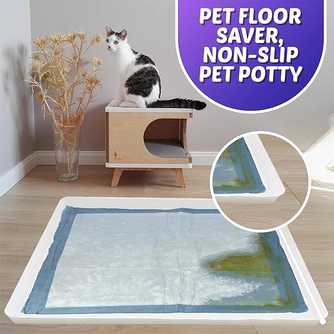 Skywin Dog Pee Pad Holder Tray Fits Up to 30” x 36” Wee Wee Pee Pads - Stable Grip, Raised Edges, Quick-Wipe Silicone Surface Dog Potty Tray Holder for Indoor Flooring Protection (White)