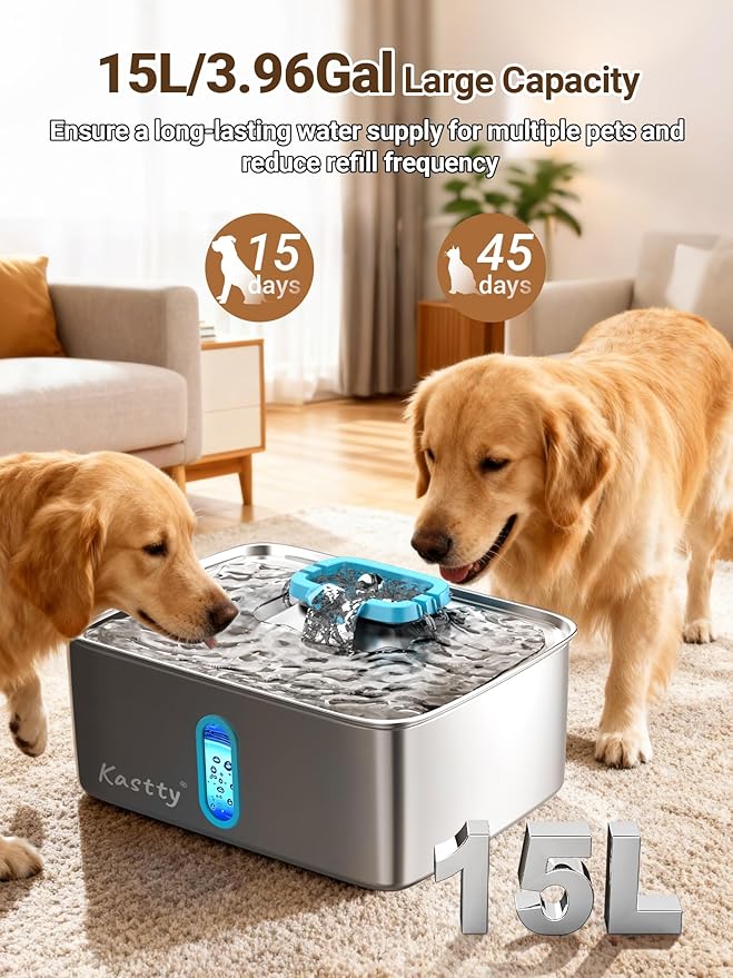 Kastty 15L/3.96 Gal Large Capacity Dog Water Bowl Dispenser,Stainless Steel Dog Water Fountain Quiet LED Light Triple Filtration Dog Water Bowl, Automatic Pet Water Fountain Easy Cleaning(FS78,Blue)