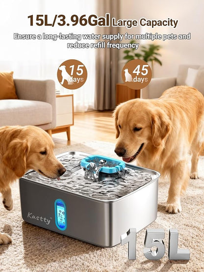 Kastty 15L/3.96 Gal Large Capacity Dog Water Bowl Dispenser,Stainless Steel Dog Water Fountain Quiet LED Light Triple Filtration Dog Water Bowl, Automatic Pet Water Fountain Easy Cleaning(FS78,Blue)