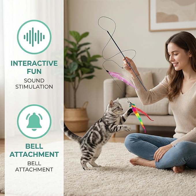 Interactive Cat Wand Toy Set - 4 Pack Entry Level with Bouncy Balls, Worm Teasers & Rainbow Bug Attachments for Indoor Cats & Kittens