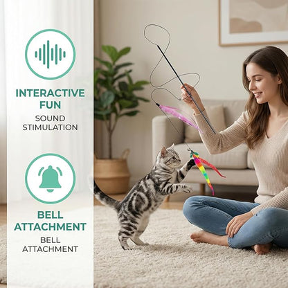 Interactive Cat Wand Toy Set - 4 Pack Entry Level with Bouncy Balls, Worm Teasers & Rainbow Bug Attachments for Indoor Cats & Kittens